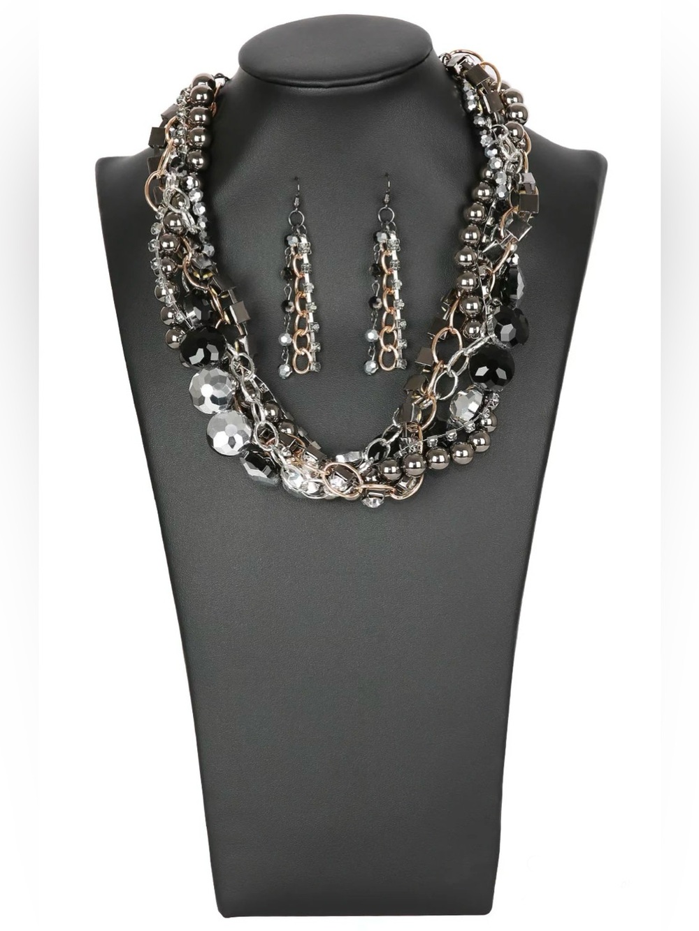 Multi-Strand Black and Silver Statement Necklace with Drop Earrings